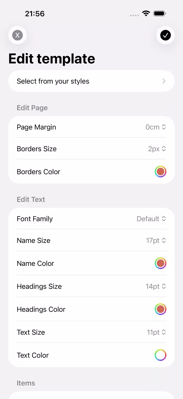 Edit Template screen in Simple CV with controls for page margin, border size and color, font family, name and heading sizes, and text colors.