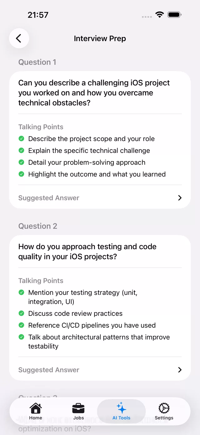 Interview Prep in Simple CV listing tailored interview questions with talking points and a suggested answer for each.