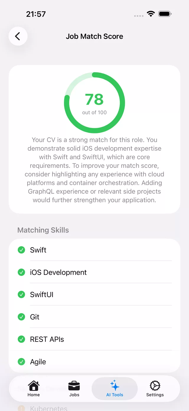 Job Match Score in Simple CV showing 78 out of 100 with a summary and a list of matching skills.