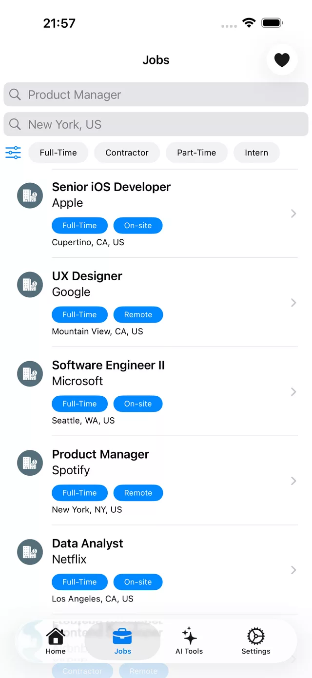 Jobs search in Simple CV with fields for role and location, employment-type filters, and listings from well-known companies.