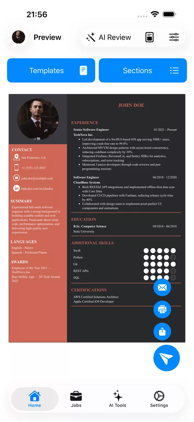 Simple CV on iPhone showing a CV preview with Templates and Sections buttons, an AI Review action, and a formatted resume.