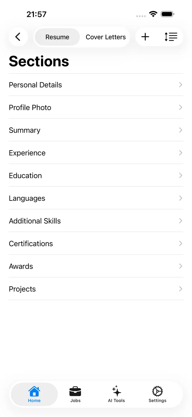 Sections list in Simple CV showing Personal Details, Profile Photo, Summary, Experience, Education, Languages, Additional Skills, Certifications, Awards, and Projects, with a Resume and Cover Letters switch.