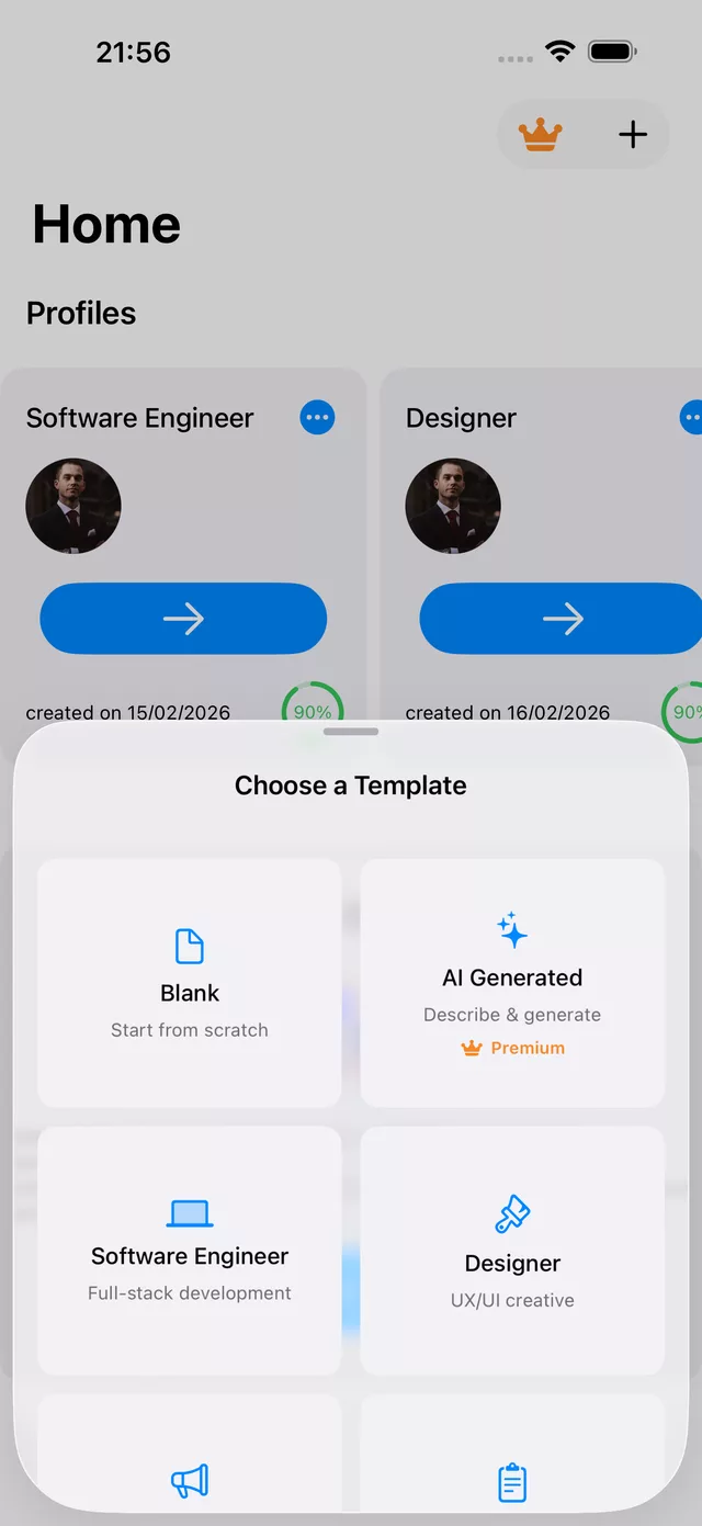 Choose a Template sheet in Simple CV offering Blank, AI Generated, Software Engineer, and Designer starting points.