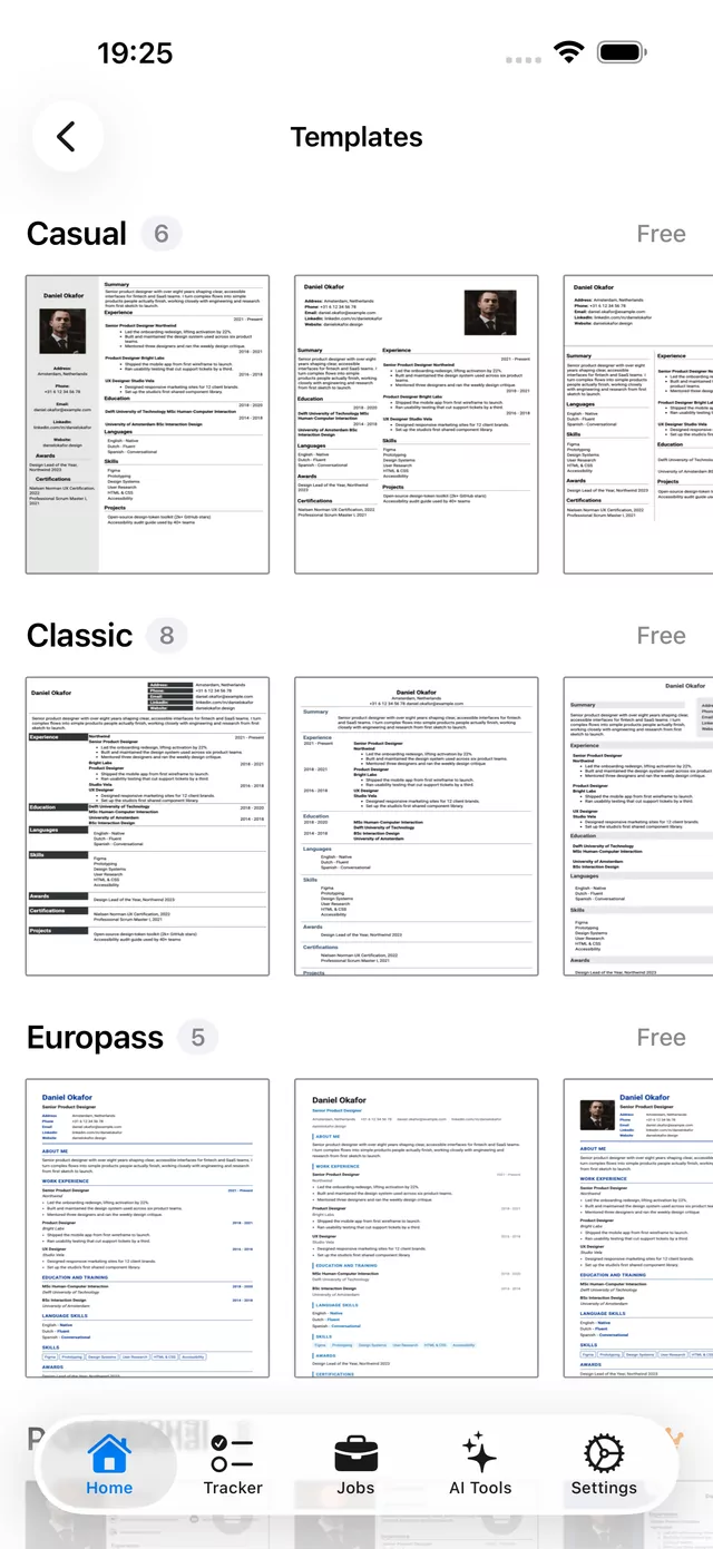 Grid of free CV templates in Simple CV, each a single-page resume layout with photo, contact, summary, experience, and skills.