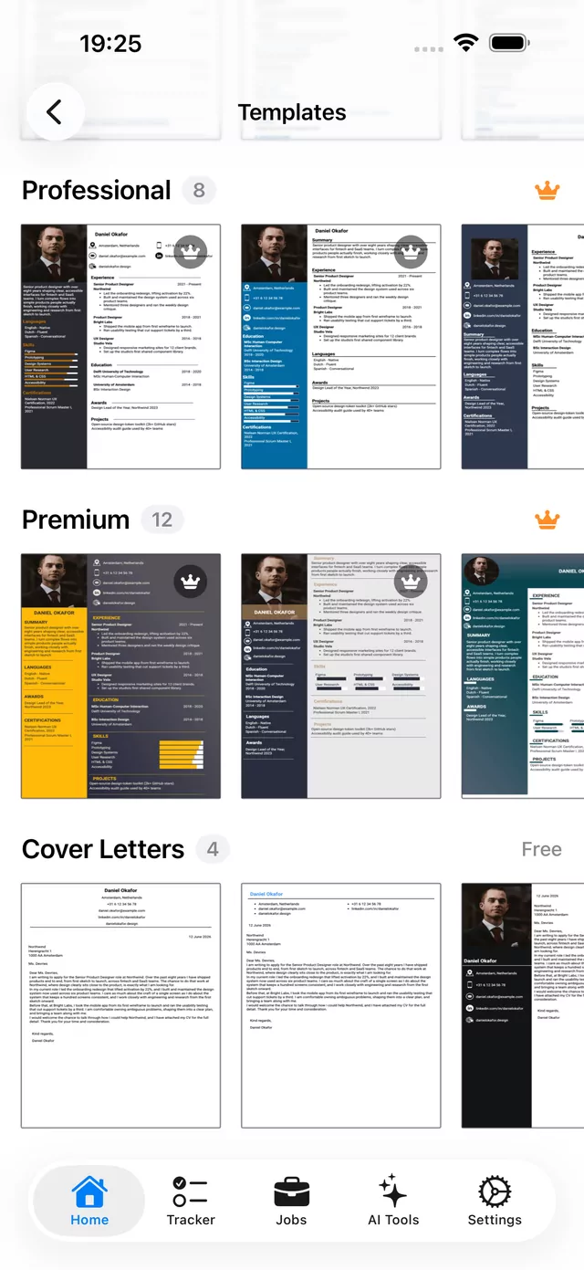 Premium CV templates in Simple CV with two-column layouts, colored sidebars, and skill meters.