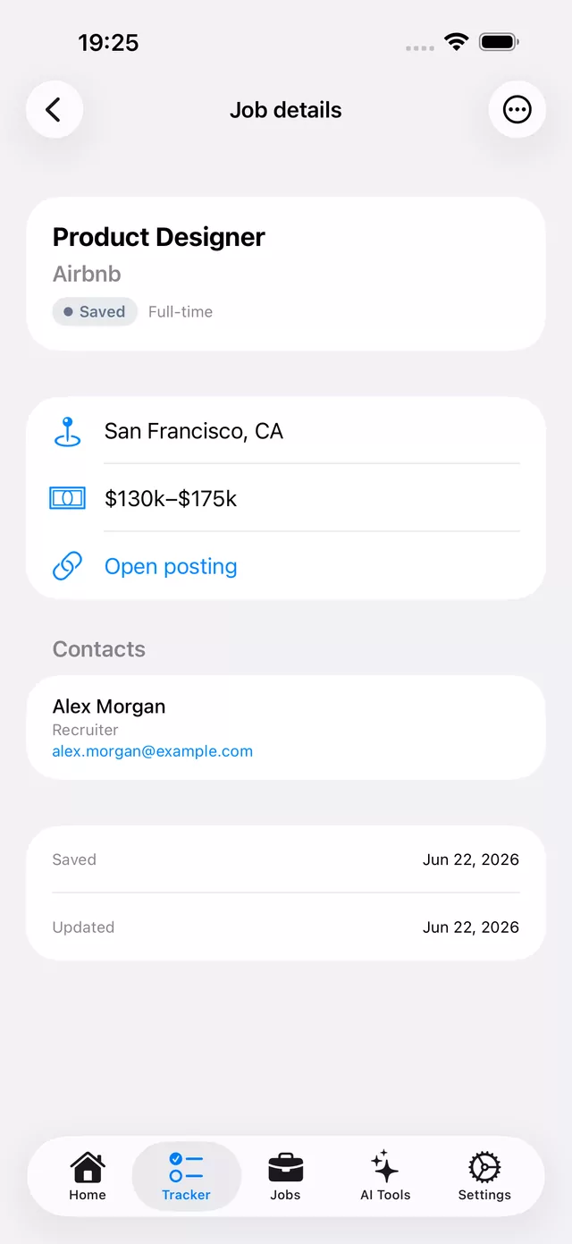 Job details in Simple CV with company, location, salary range, the job posting link, and recruiter contact.