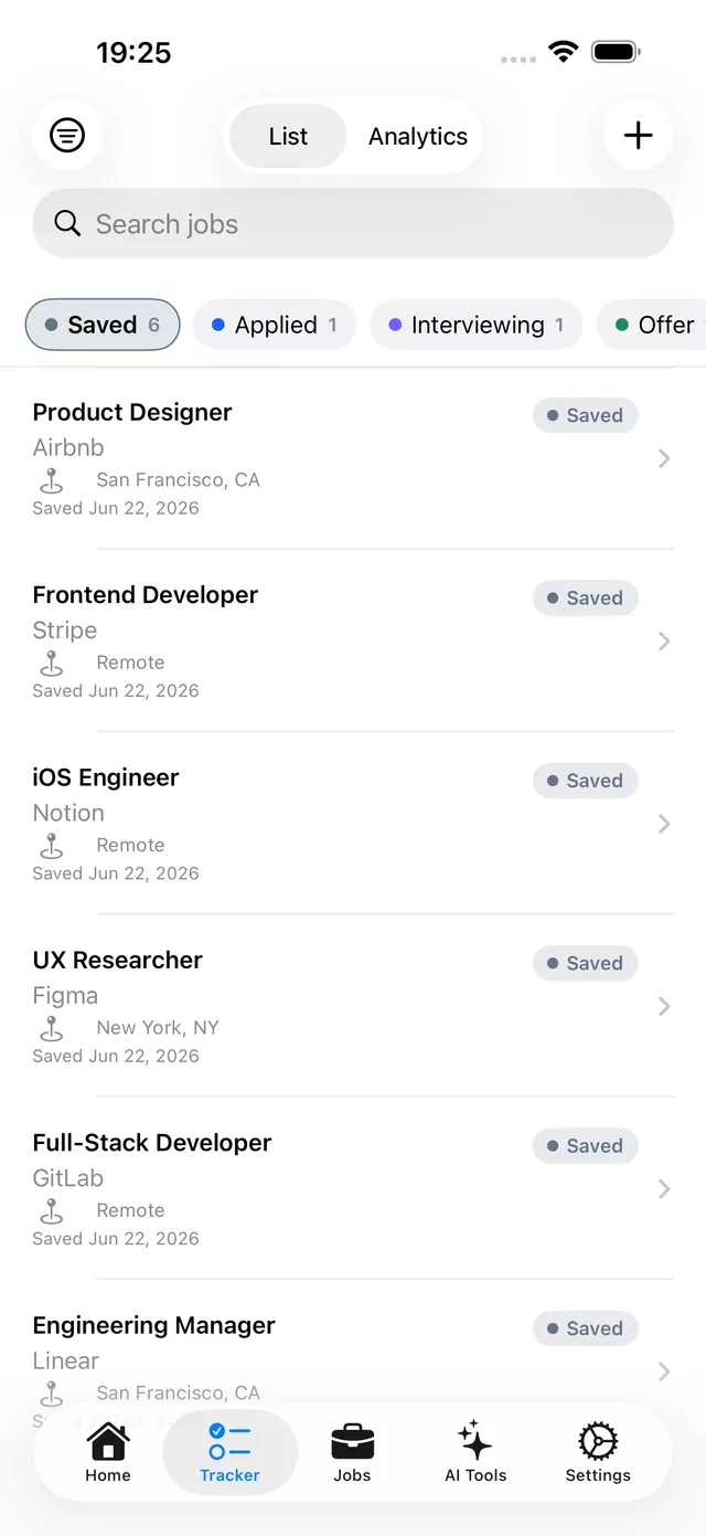 Job tracker in Simple CV showing saved roles grouped by stage — Saved, Applied, Interviewing, Offer — each with company, location, and date.