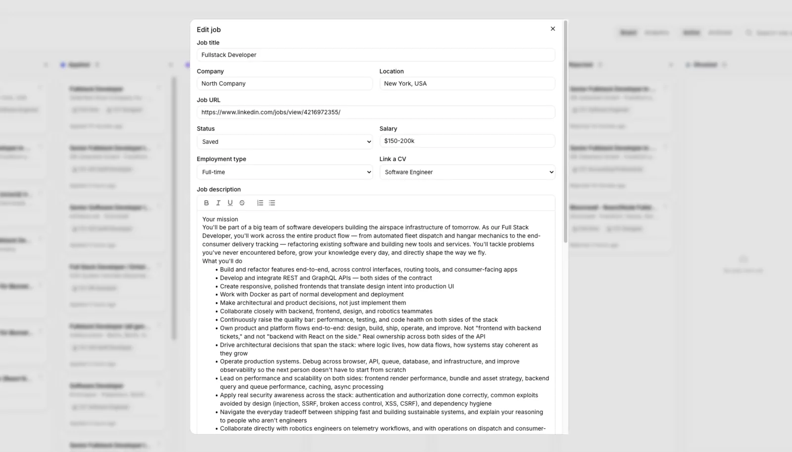 Edit job dialog in Simple CV showing title, company, location, job URL, status, salary, employment type, link a CV, and a formatted job description.