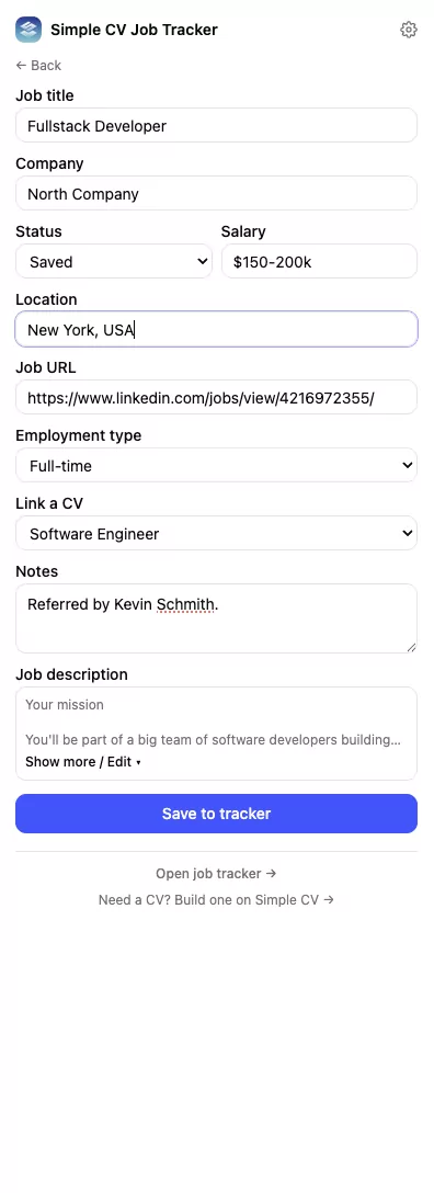 Simple CV Job Tracker browser side panel capturing a role with status, salary, location, job URL, employment type, link a CV, notes, and a Save to tracker button.